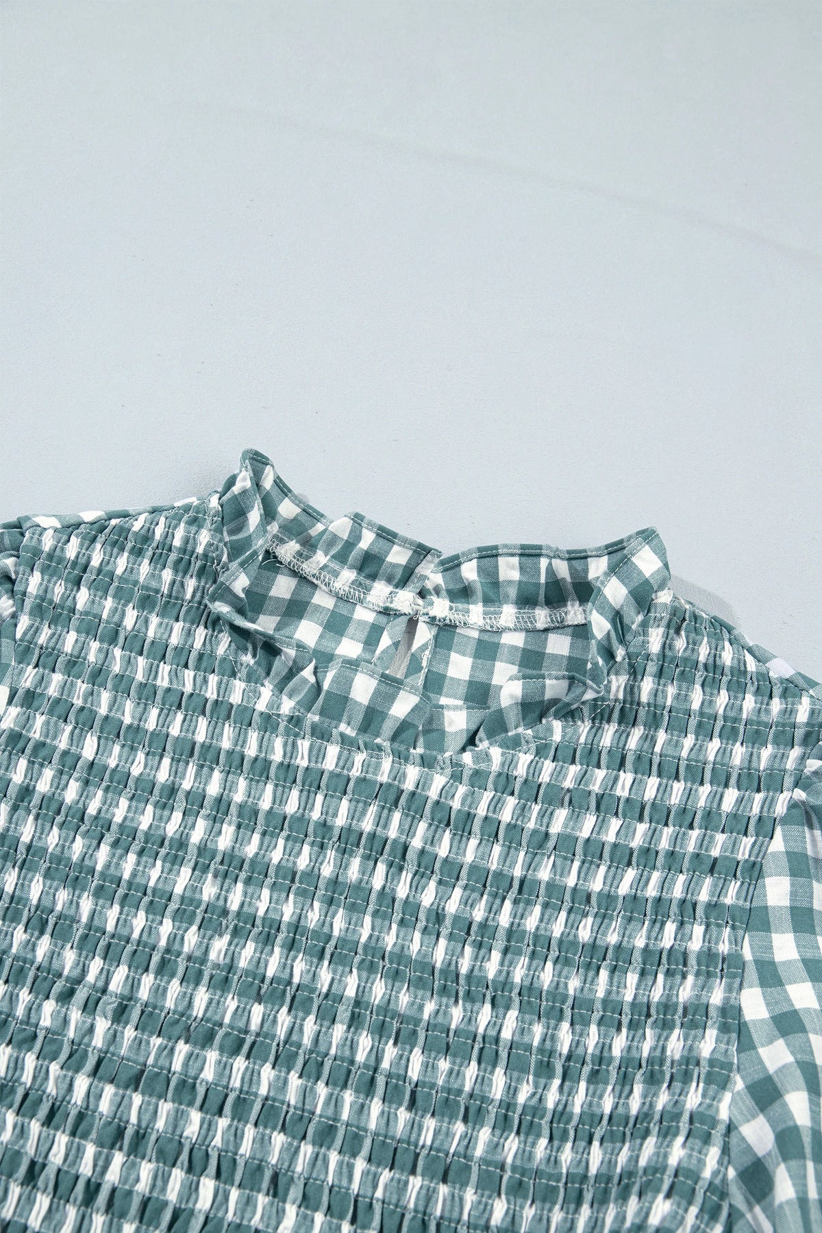 Green 3/4 Sleeve Shirred Plaid Peplum Top
