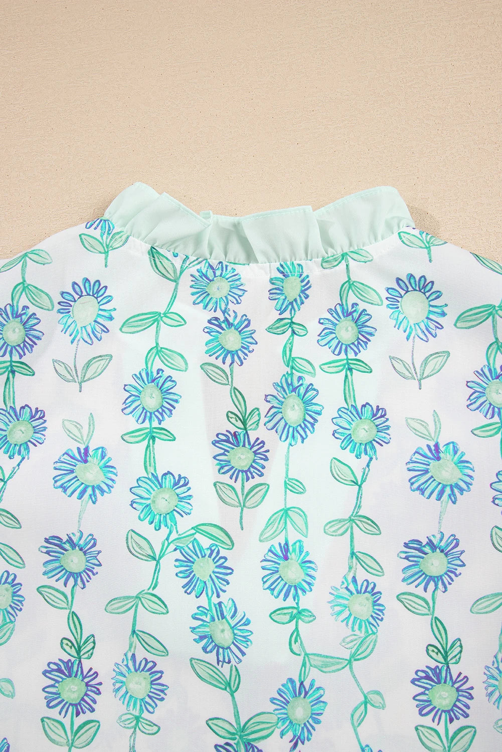 Green Floral Print Striped Detail Contrast V Neck Patchwork Flutter Sleeve Blouse