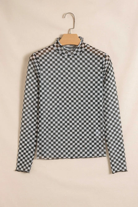 Plaid Stand Neck Long Sleeve Mesh Layering Top