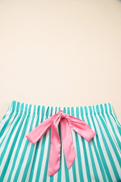 Green Stripe Contrast Ricrac Trim Long Sleeve Shirt Drawstring Ruffled Pajama Short Set