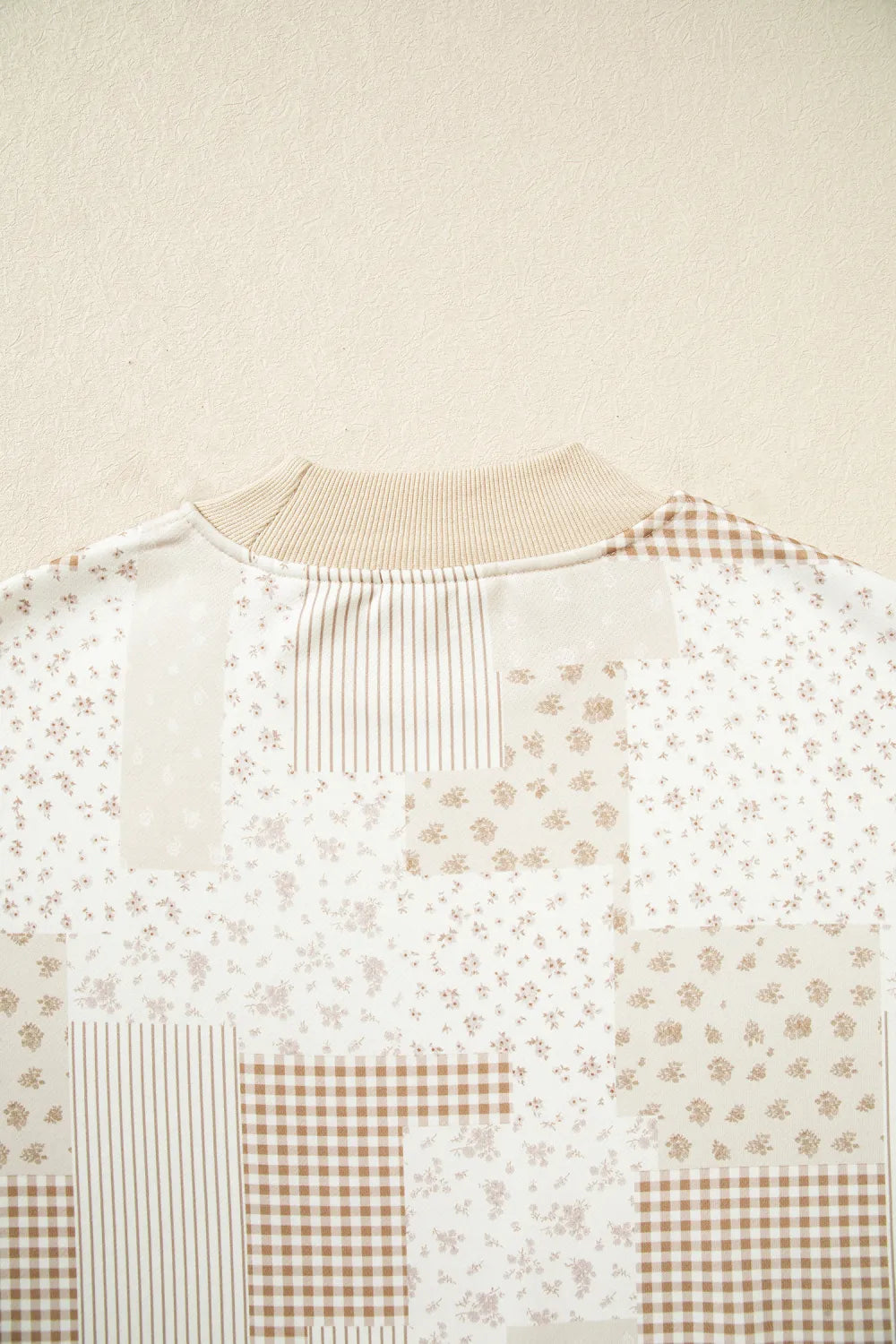Khaki Patchwork Floral Print Mock Neck Long Sleeve Sweatshirt