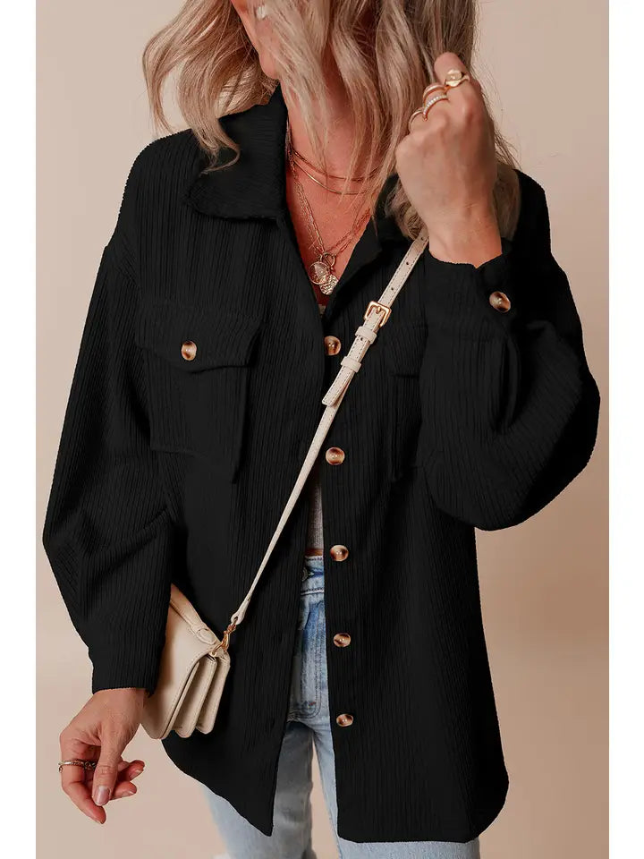 Solid Corduroy Button-Up Pocketed Shacket
