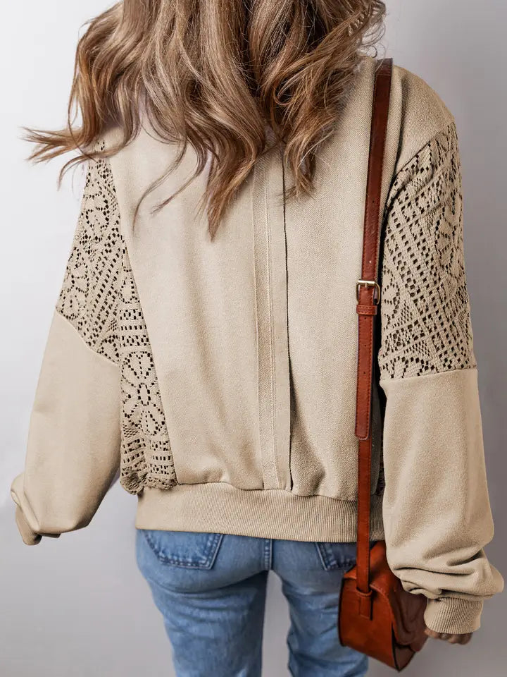 Knit Crochet Exposed Seam Ribbed Trim Sweatshirt