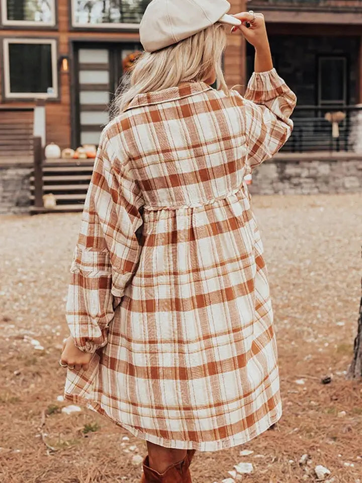 Brown Plaid Print Side Pockets Frilled Babydoll Mini Dress