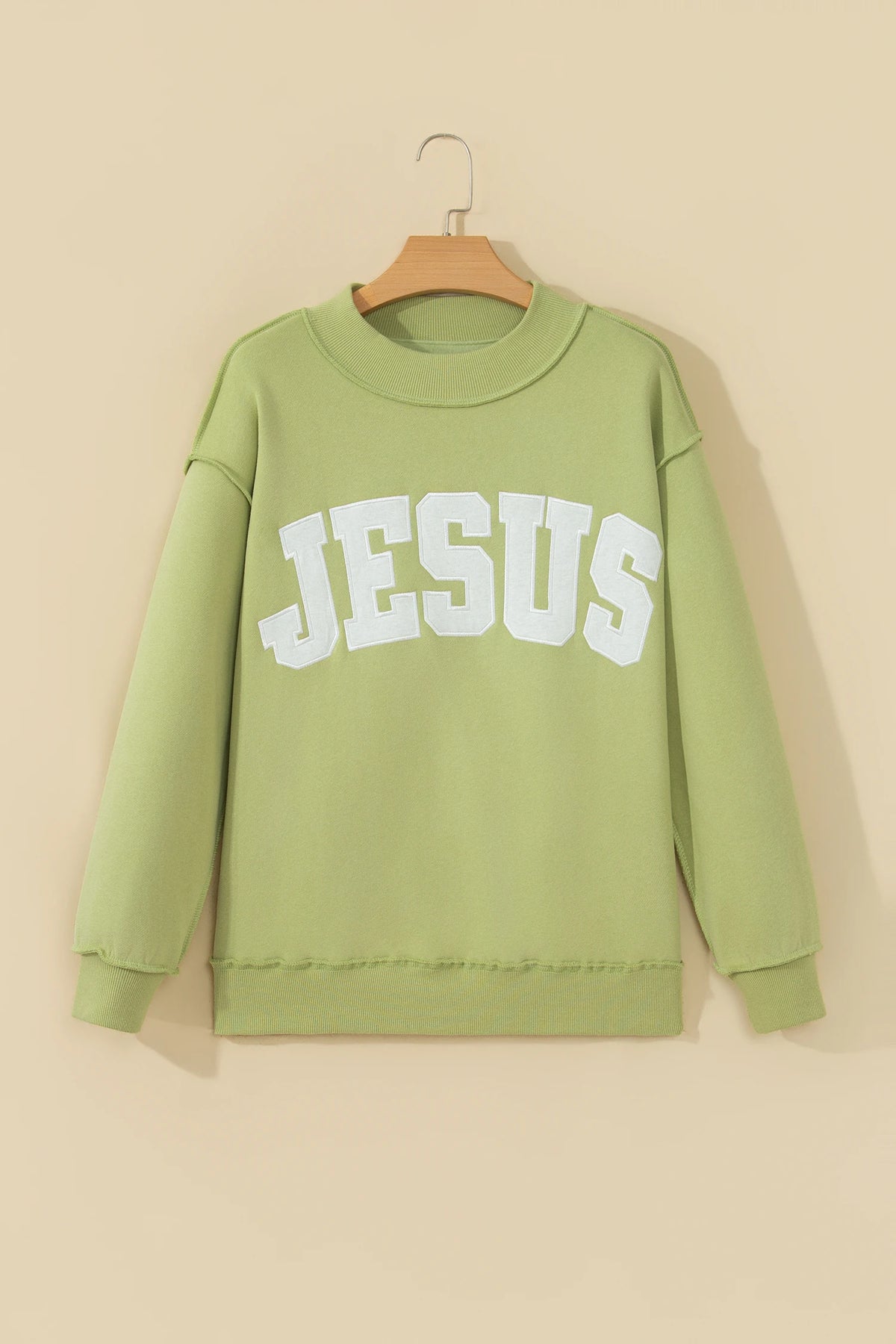 Meadow Mist Green JESUS Letter Patch Graphic Exposed Seam Mock Neck Baggy Sweatshirt