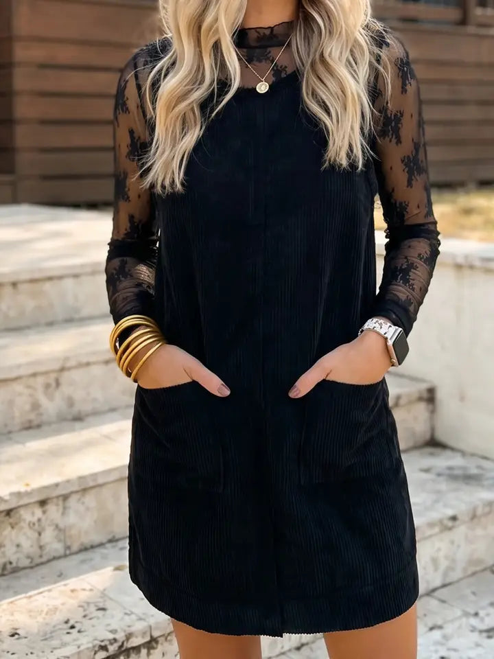 Corduroy Sleeveless Mini Dress with Patched Pockets