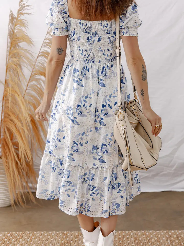 Floral Short Puff Sleeve Midi Dress