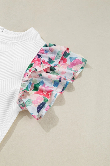 Abstract Print Tiered Ruffled Sleeve Textured Knit Top
