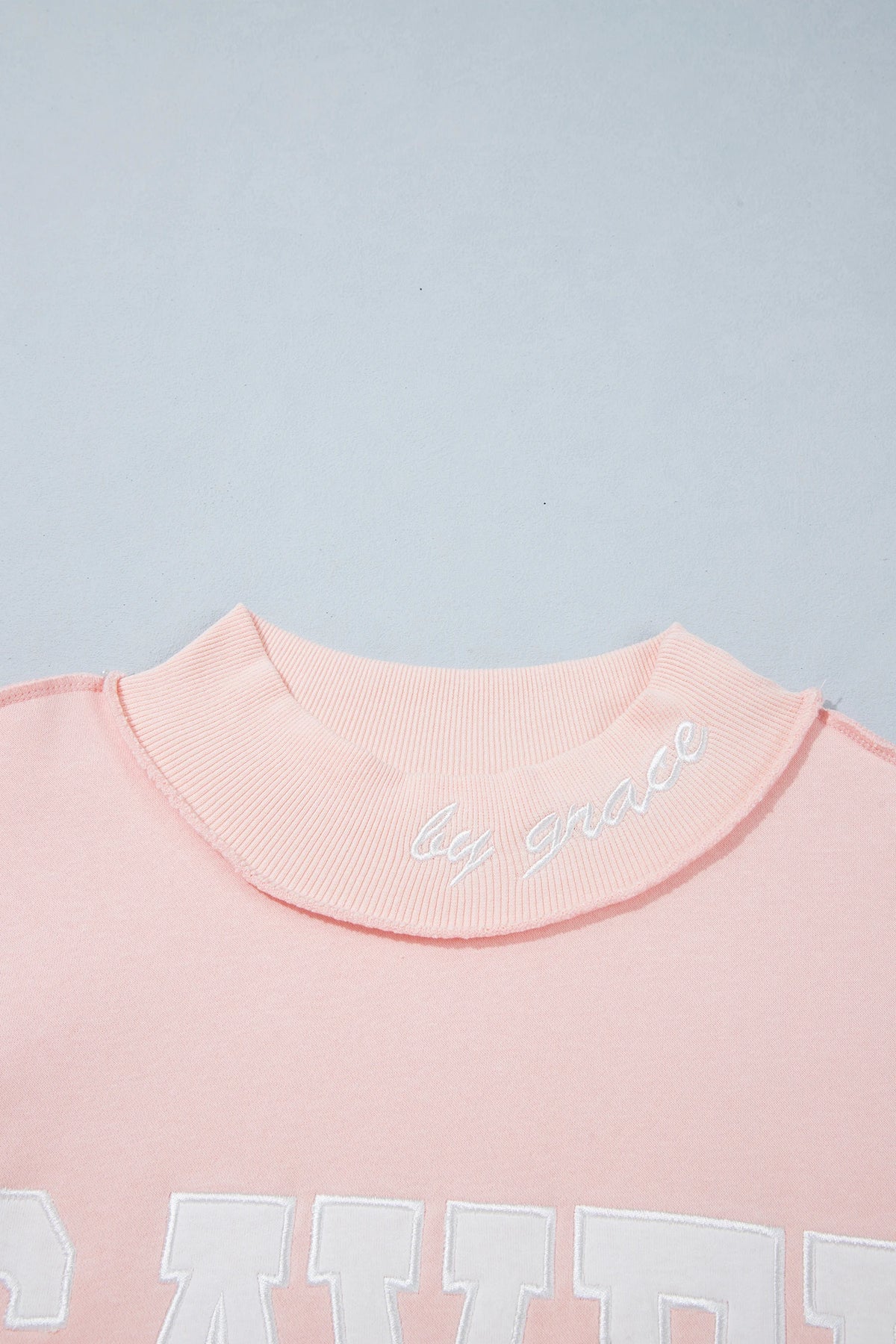 Pink Saved By Grace Embroidered Detail Letter Graphic High Neck Sweatshirt