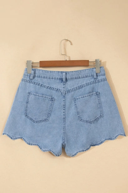 Solid Color Scalloped Trim Casual Denim Shorts