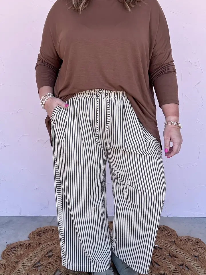 Black Stripe Plus Size Tie Waist Loose Pants