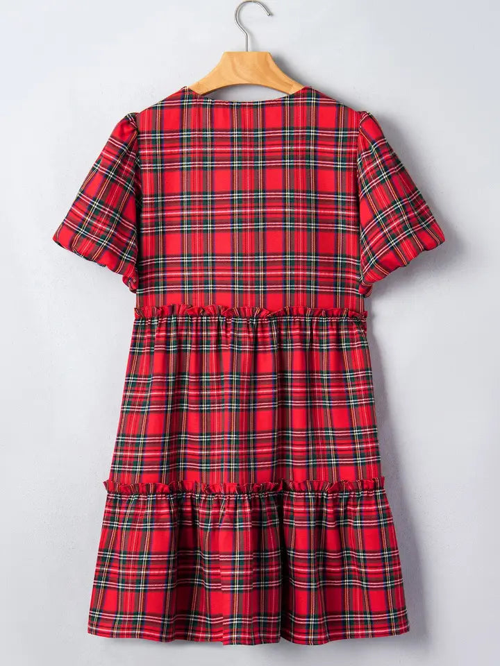 Plaid Bow Tie Neck Short Sleeve Ruffle Dress