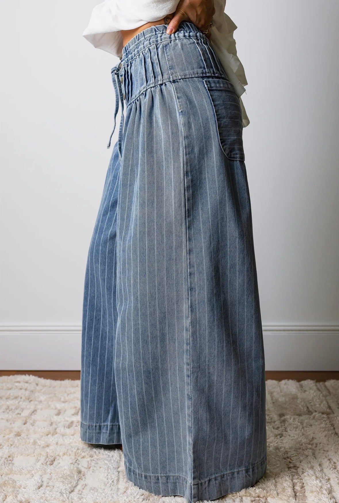 Striped Drawstring Wide Leg Jeans