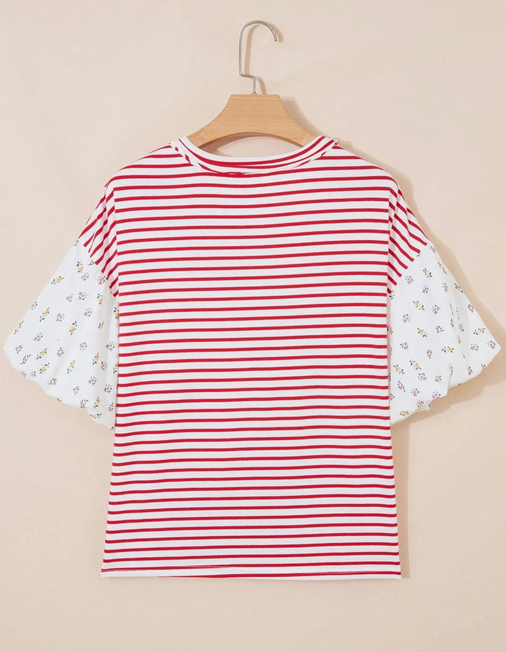 Stripe Floral Puff Sleeve Patchwork Round Neck Top