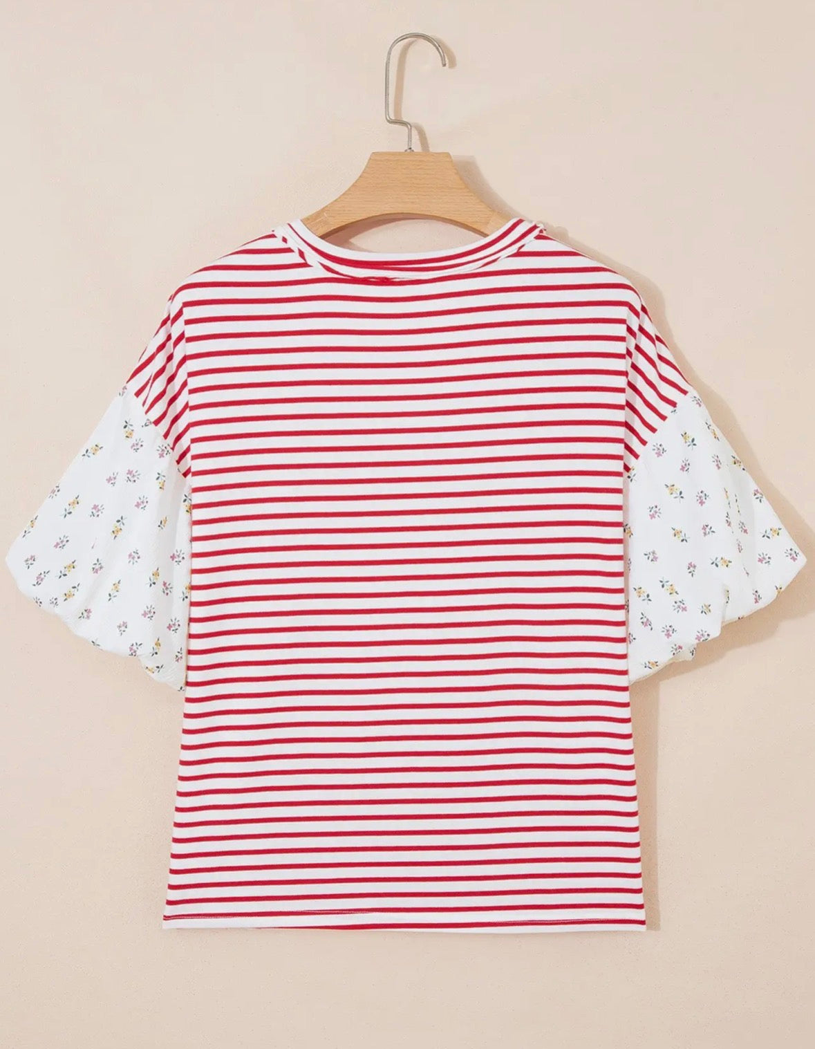 Stripe Floral Puff Sleeve Patchwork Round Neck Top