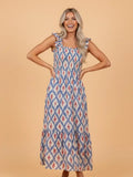 Boho Geometric Smocked Square Neck Ruffle Dress