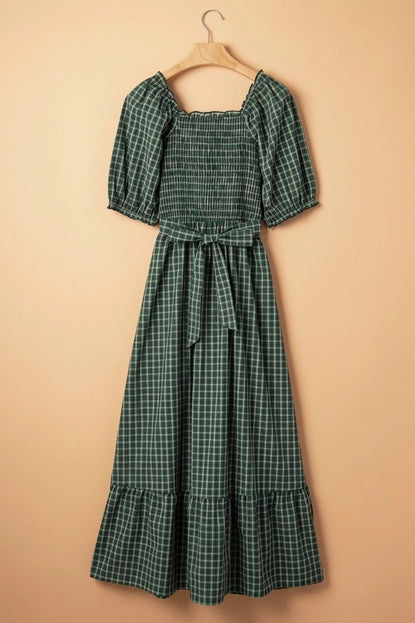 Plaid Square Neck Shirred Ruffle Hem Dress