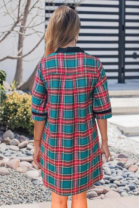 Christmas Plaid Print Velvet Trim Pockets Dress