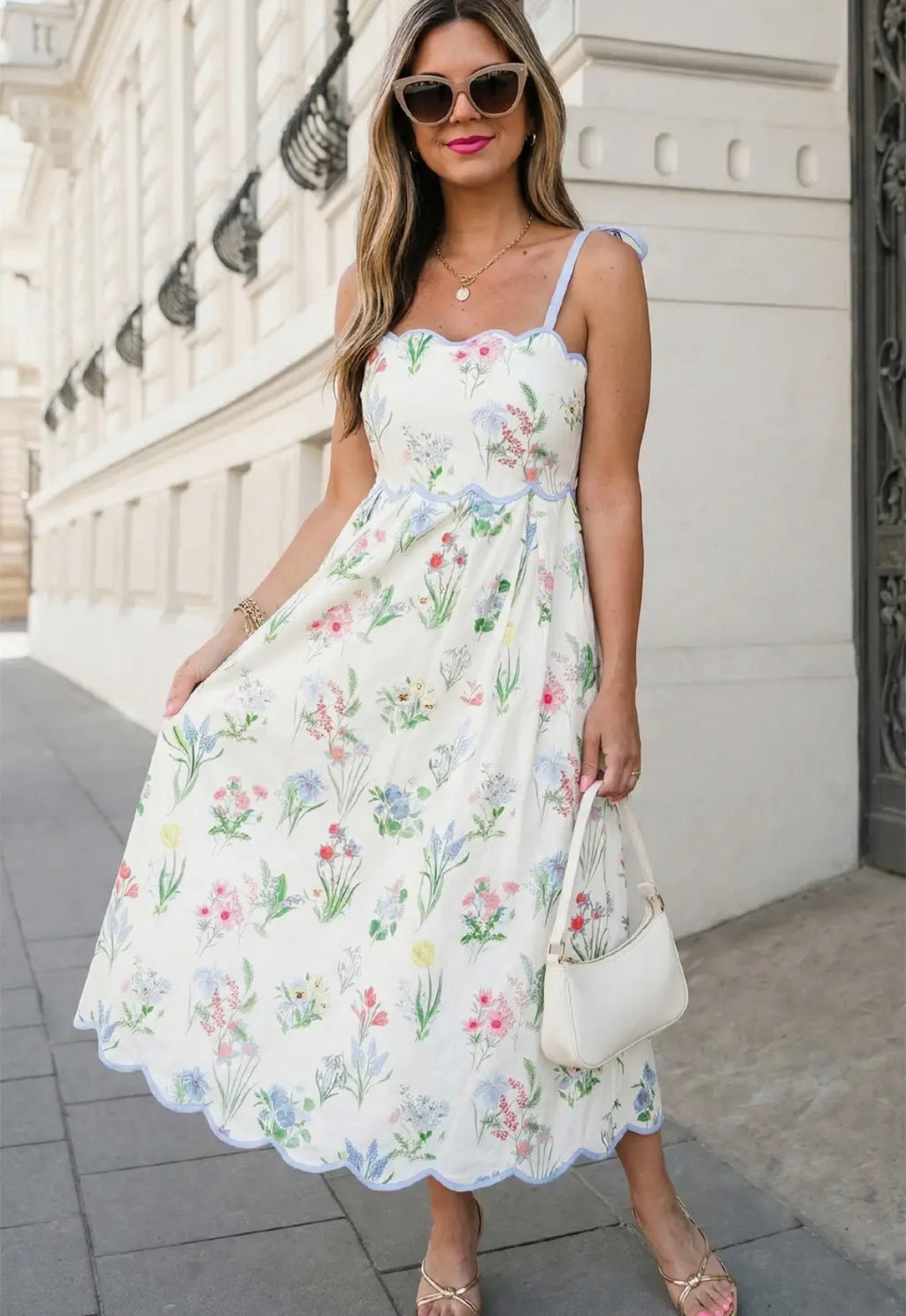 Floral Print Tied Straps High Waist Midi Dress