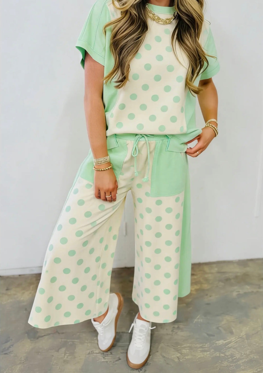 Polka Dot Top and High Waist Pants Set
