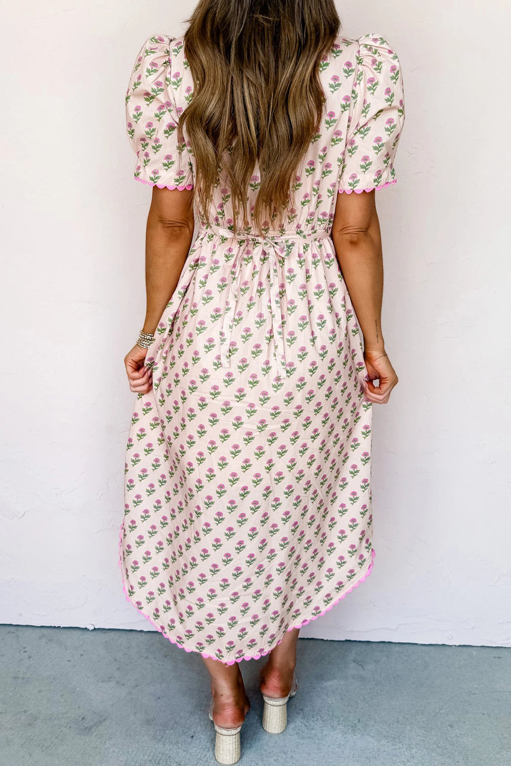 Pink Floral Print V Neck Scallop Long Dress