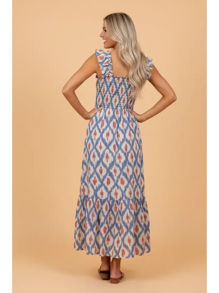 Boho Geometric Smocked Square Neck Ruffle Dress