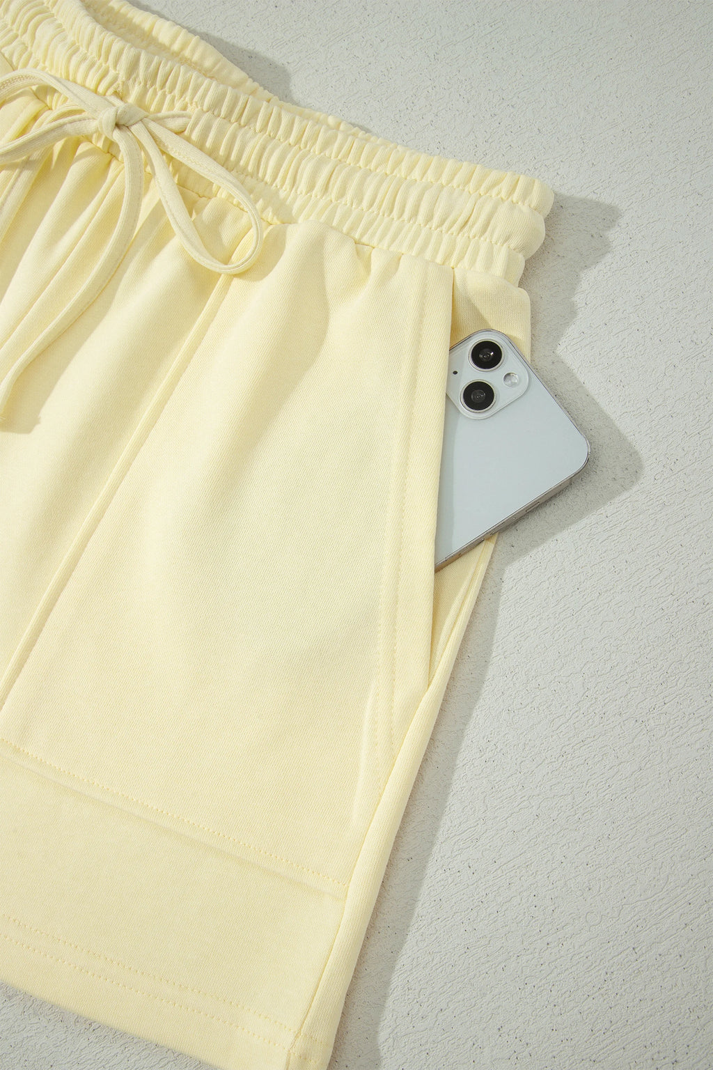 Yellow Cream Solid Color Tee Drawstring Shorts Comfy Set
