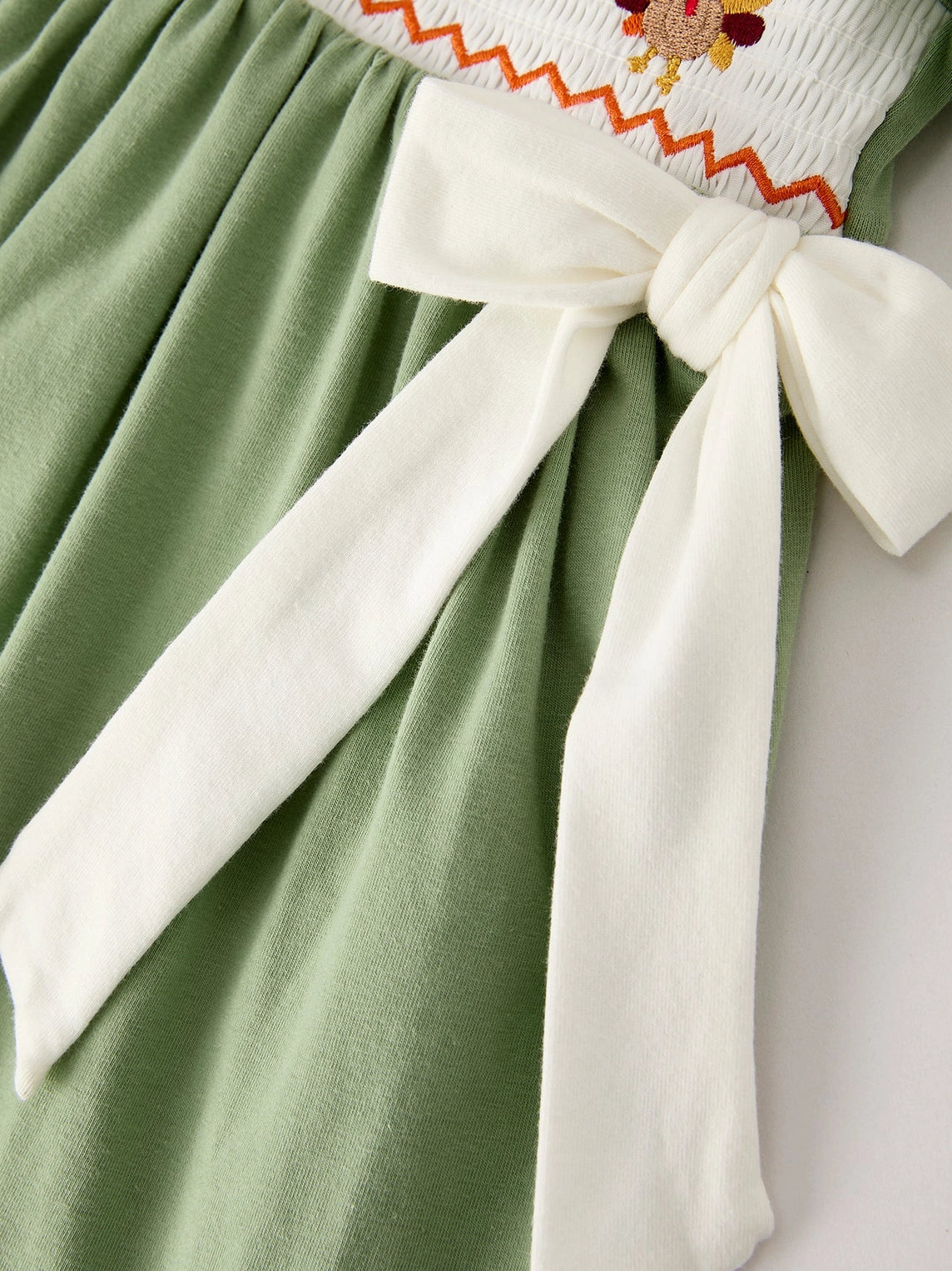 Fall Thanksgiving Bird Smock Embroidered Green Baby Girl Dress