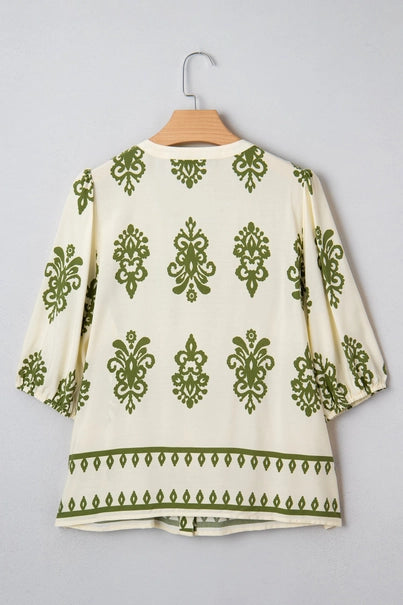 Boho Abstract Tie V-Neck Puff Sleeve Shirt