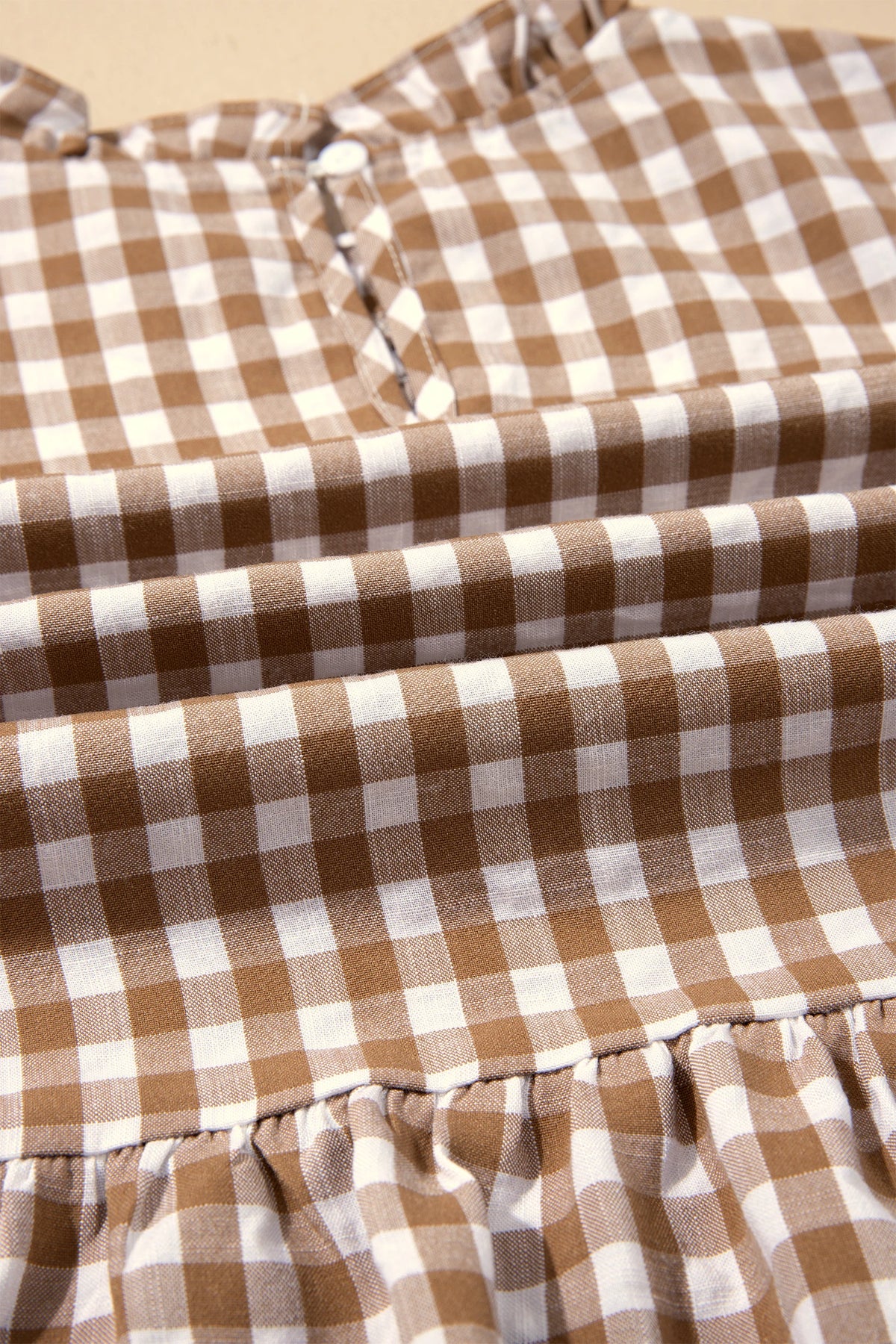 Brown 3/4 Sleeve Shirred Plaid Peplum Top