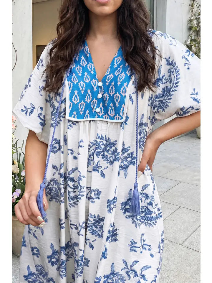 Boho Abstract Print Contrast Trim V Neck Dress