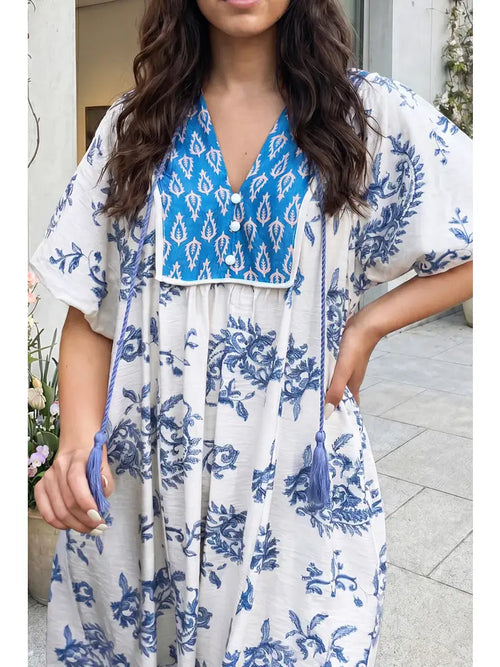 Boho Abstract Print Contrast Trim V Neck Dress