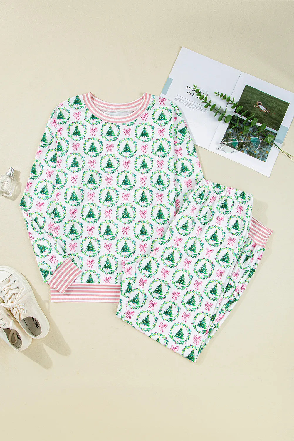 Green Bow Christmas Tree Print Contrast Striped Banding Lounge Set