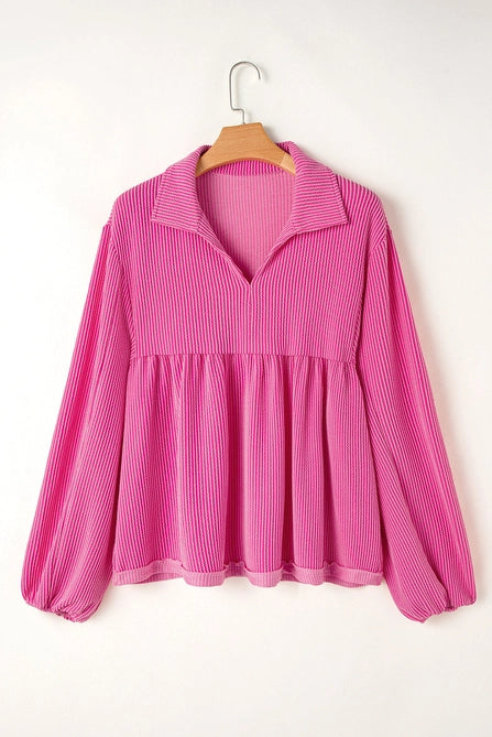 Corded Turn-Down V Neck Bubble Sleeve Babydoll Blouse