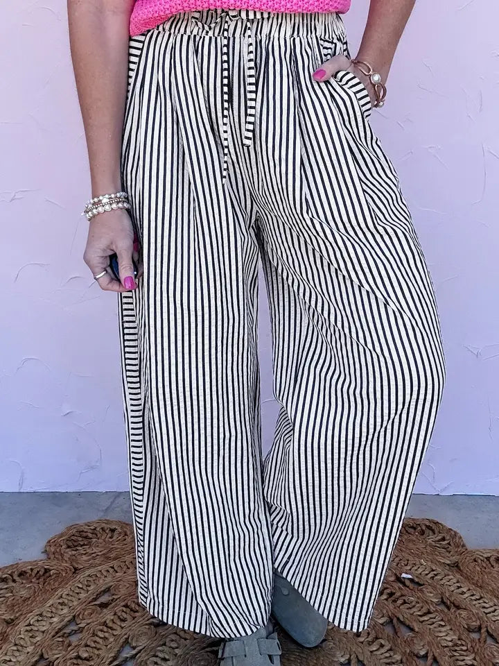 Black Stripe Plus Size Tie Waist Loose Pants