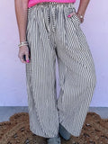 Black Stripe Plus Size Tie Waist Loose Pants