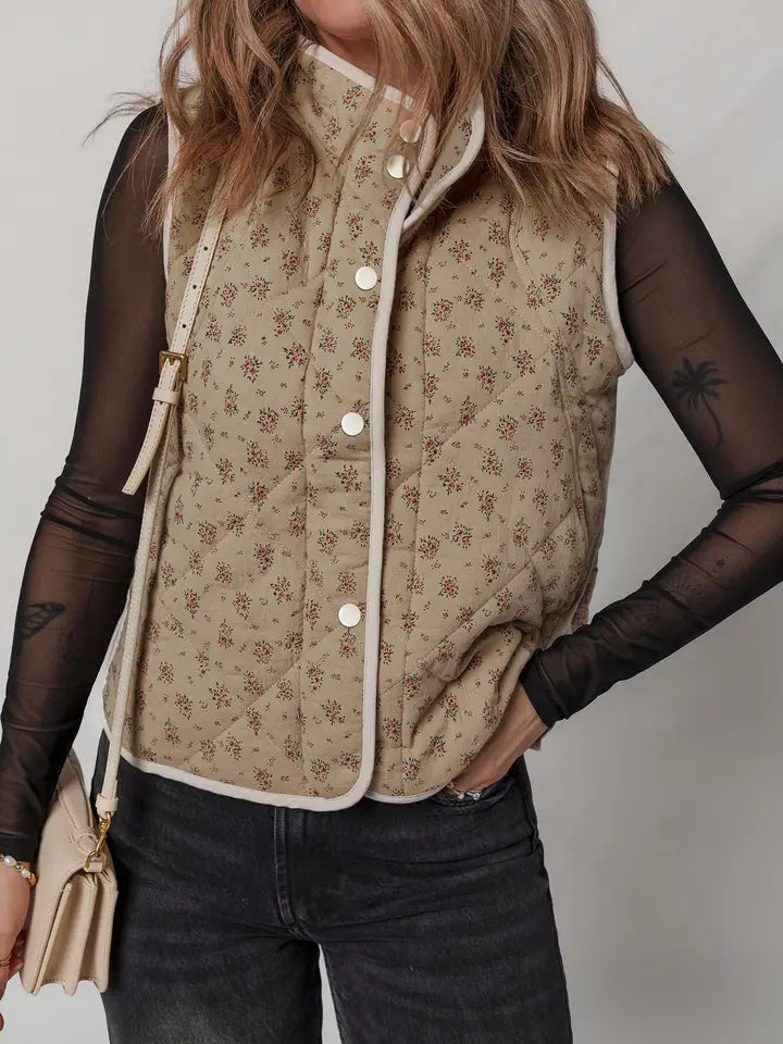 Floral Quilted Button Front Vest