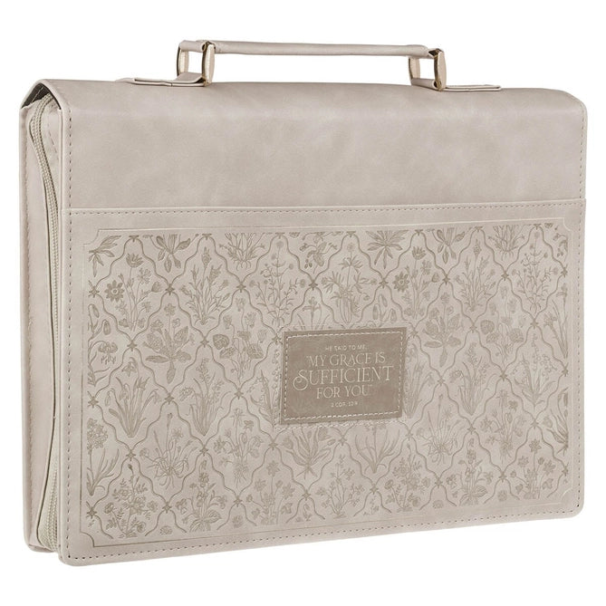 Bible Cover Taupe "My Grace Is Sufficient 2 Cor 12:9"
