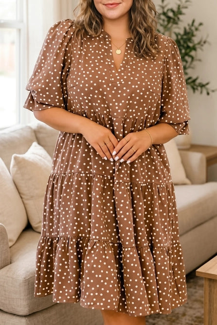 V Neck Polka Dot Long Sleeve Shift Plus Size Dress