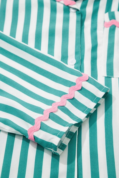 Green Stripe Contrast Ricrac Trim Long Sleeve Shirt Drawstring Ruffled Pajama Short Set