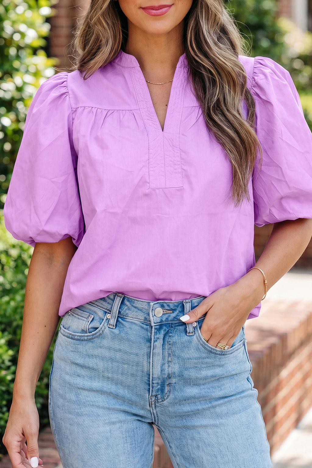 Phalaenopsis Stitched Detail V Neck Puffy Half Sleeve Blouse