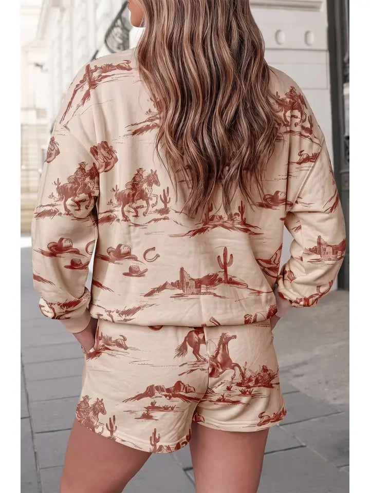 Western Print Crewneck Loose Fit Top Shorts Set