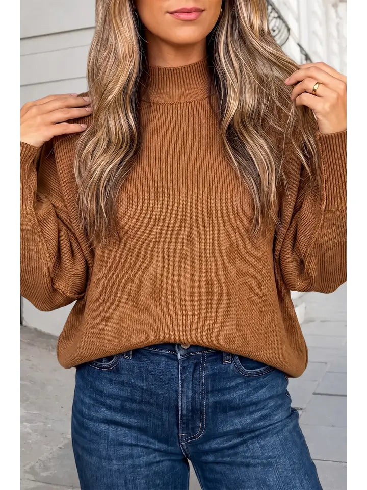 Solid Ribbed Mock Neck Knit Sweater - Plus Only