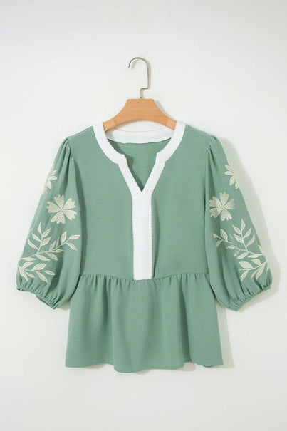 Floral Embroidered Colorblock Puff Sleeve Blouse