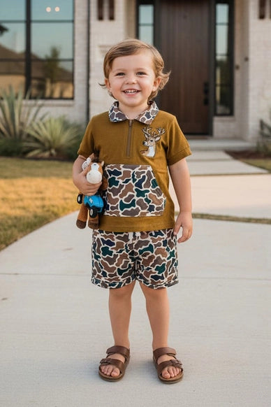Western Deer Embroidery Top Shorts Boy Set