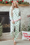 Green Bow Christmas Tree Print Contrast Striped Banding Lounge Set