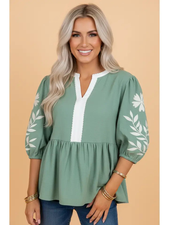 Floral Embroidered Colorblock Puff Sleeve Blouse