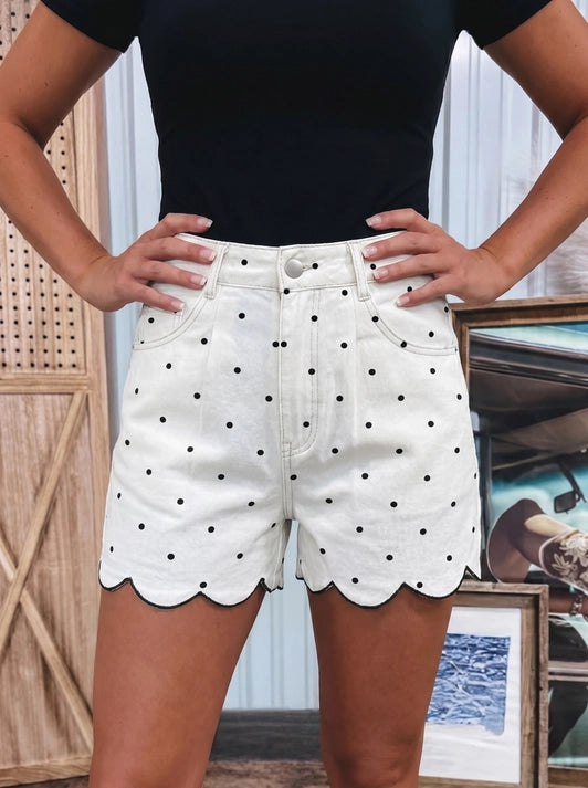Polka Dot Denim Embroidered Scallop Hem Shorts