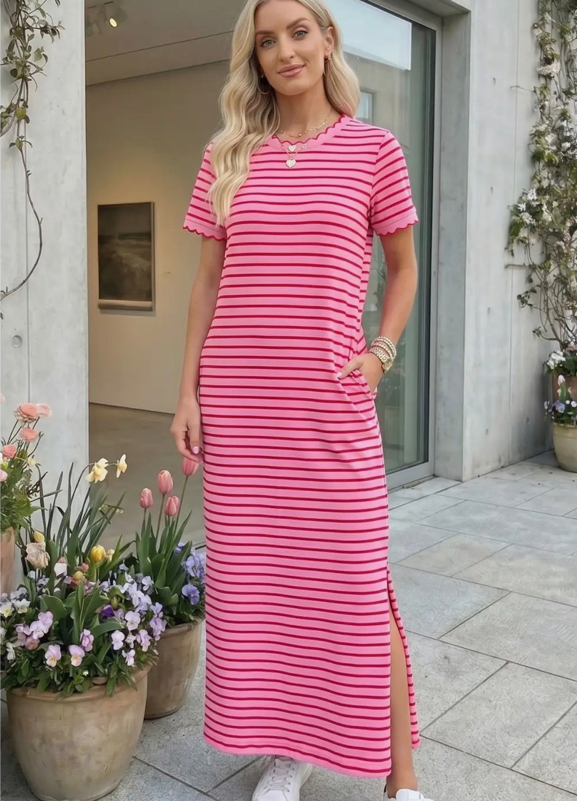 Scalloped Trim Side Slit Dress