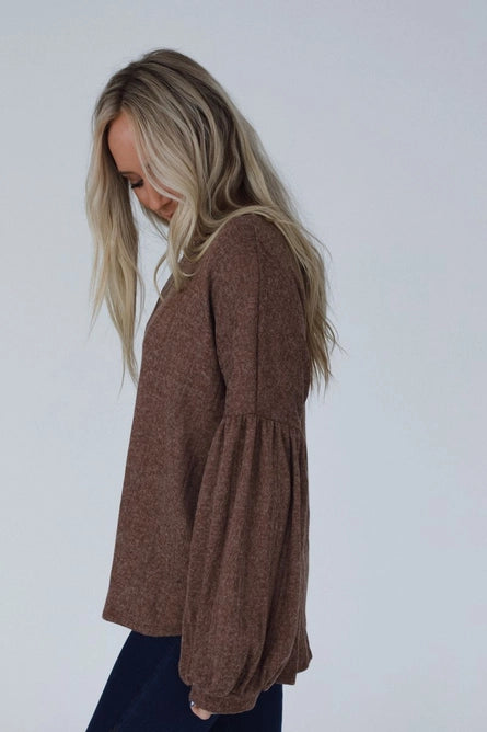 Sweet Heart Balloon Sleeve Knit Sweater - Mocha